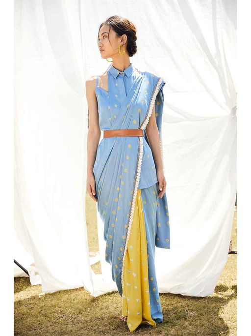 Bandhej Pre Draped Saree with Spaghetti Shirt - Blue (Set of 3) by Aapro Label