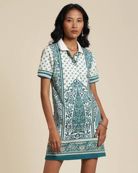 Printed Collar-Neck Half Sleeve T-Shirt Dress by Label Ritu Kumar