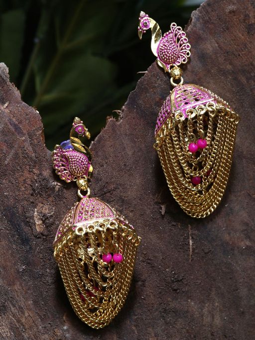 Gold Plated & Pink Enamelled Peacock Shaped Jhumkas by Anika's Creations