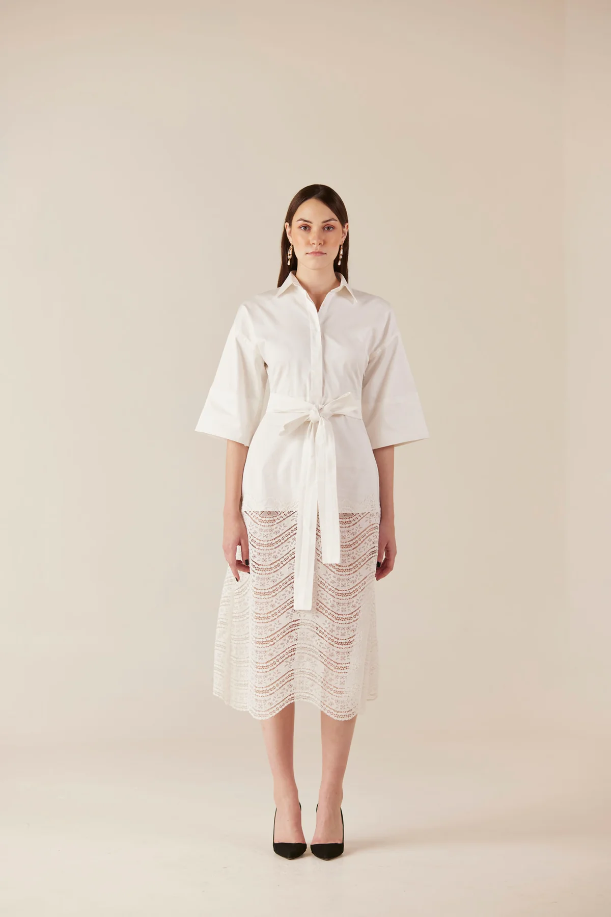 Whipped Cream Belted White Lace Dress