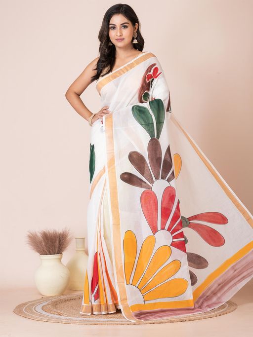 White Floral Design Cotton Hand Painted Saree with Unstitched Blouse by Laa Calcutta