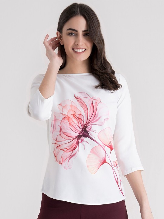 White & Pink Floral Regular Top by FableStreet
