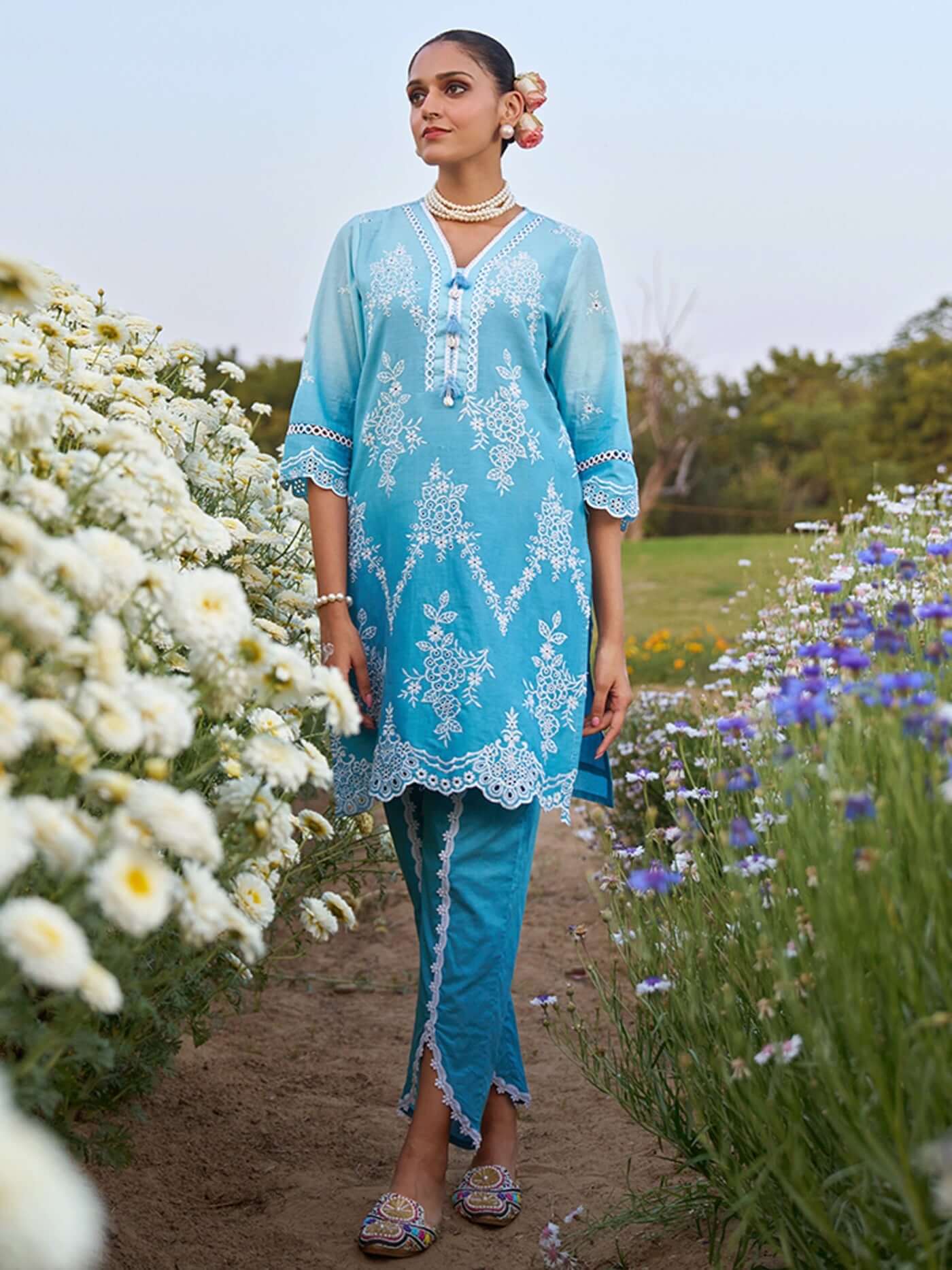 Anumeha Ocean Embroidered Cotto Kurta Tulip Co-ord Set
