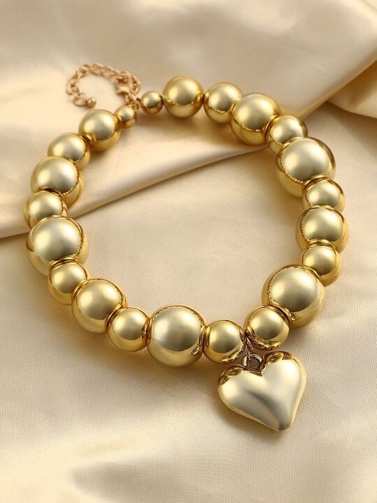 California Gold-Plated Beaded Heart Shaped Puffer-Cuoer Collar Necklace by Sohi