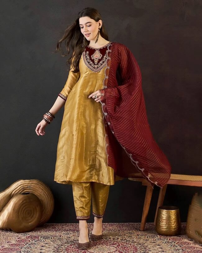 Embroidered A-Line Kurta with Pants & Dupatta Set by Nyrika