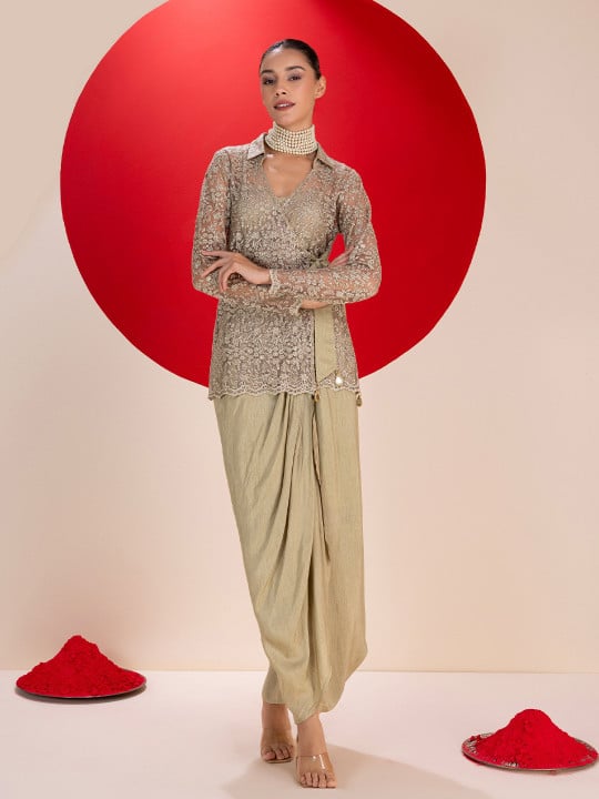 Embroidered Shirt Collar Top With Skirt by SEW