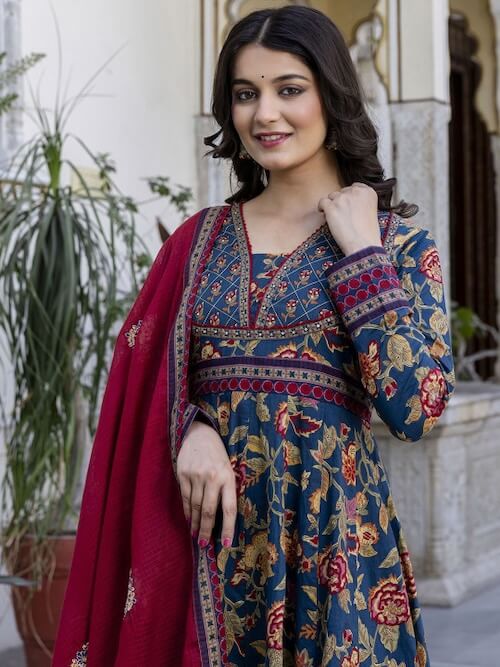 Floral Printed Cotton Kurta with Palazzo & Dupatta by Pistaa