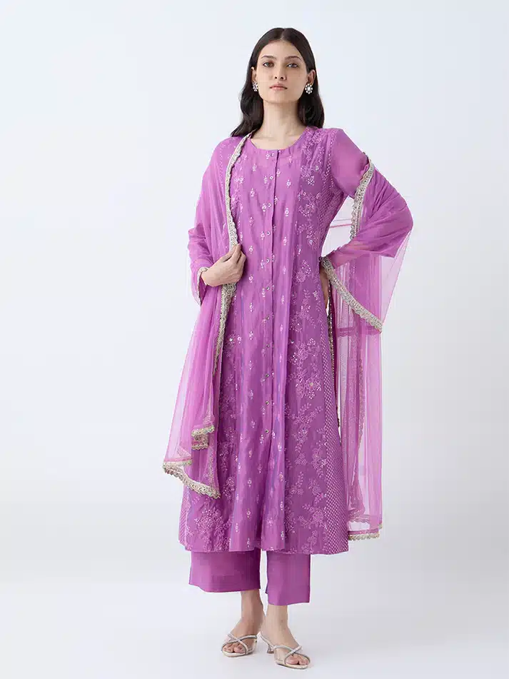 Magenta Embroidered A-Line Cotton-Blend Ethnic Set by Vark