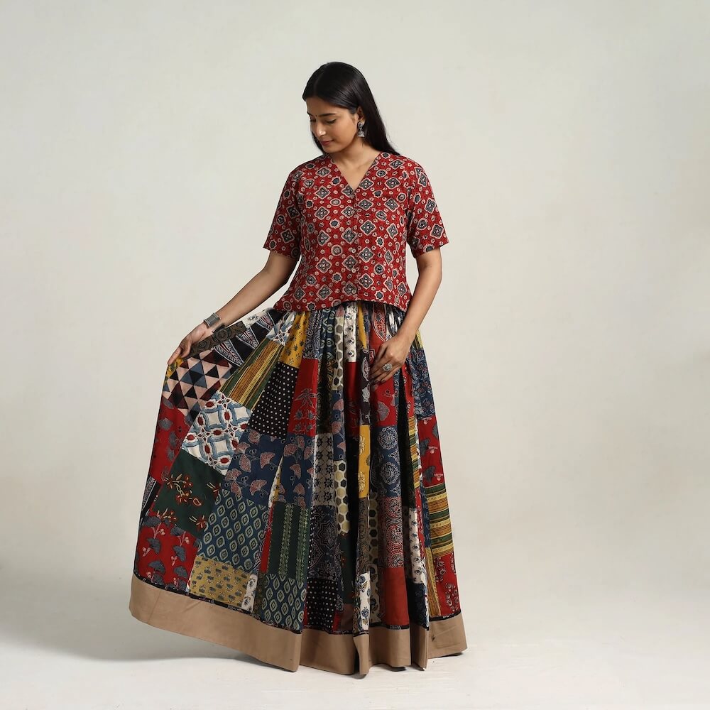 Multicolour - 24 Kali Patchwork Block Print Cotton Ajrakh Skirt 14