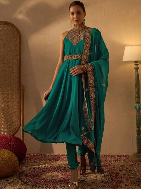 Sea Green Embroidered Empire Beads And Stones Anarkali Kurta With Trousers & Dupatta by Anouk