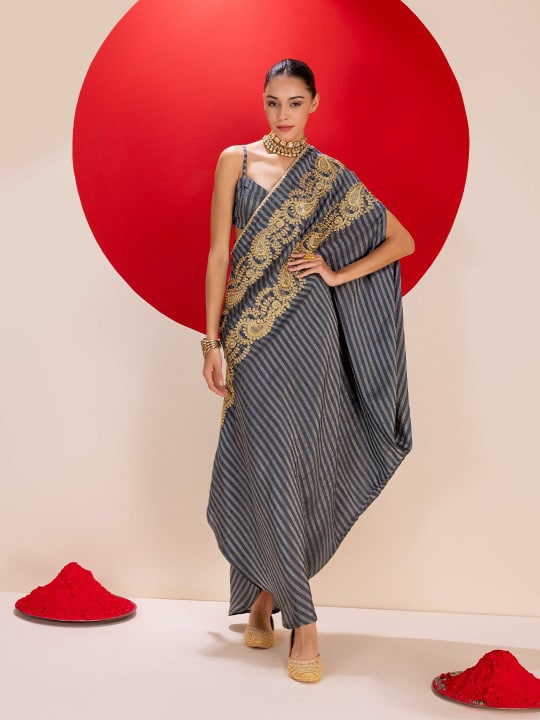 Striped Print Embroidered Saree by SEW