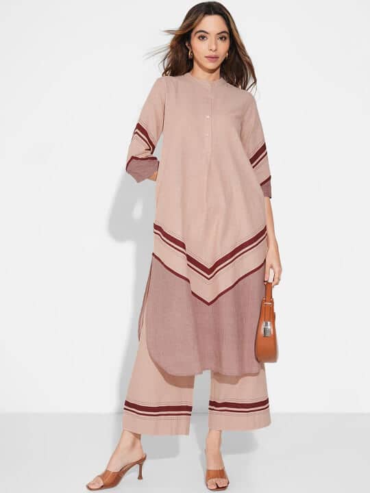 Geometric Printed Cotton Kurta with Trousers by Rangmanch by Pantaloons