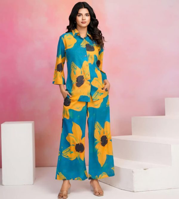 Blue Cotton Blend Floral Co-Ord Set by Kaftanize