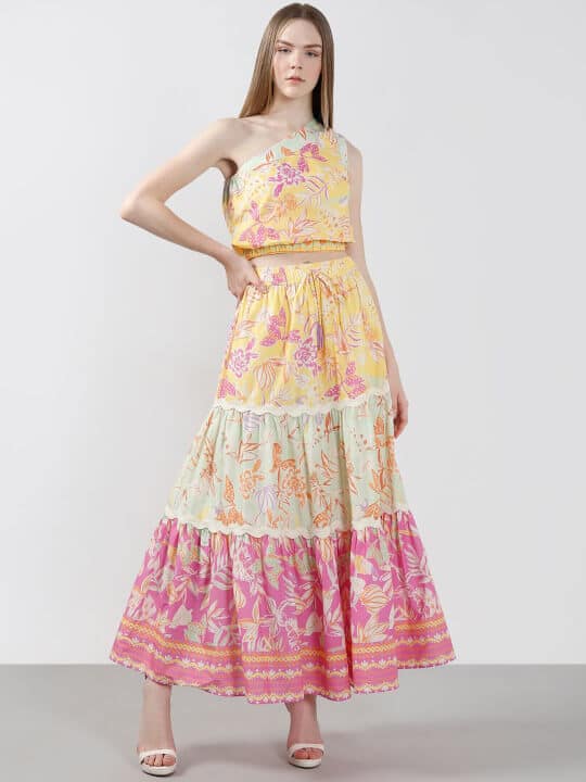 Floral Printed Pure Cotton Tiered Maxi Flared Skirt by Vero Moda