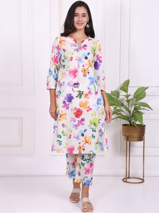 Floral Printed Regular Pure Cotton Kurta with Trousers by W