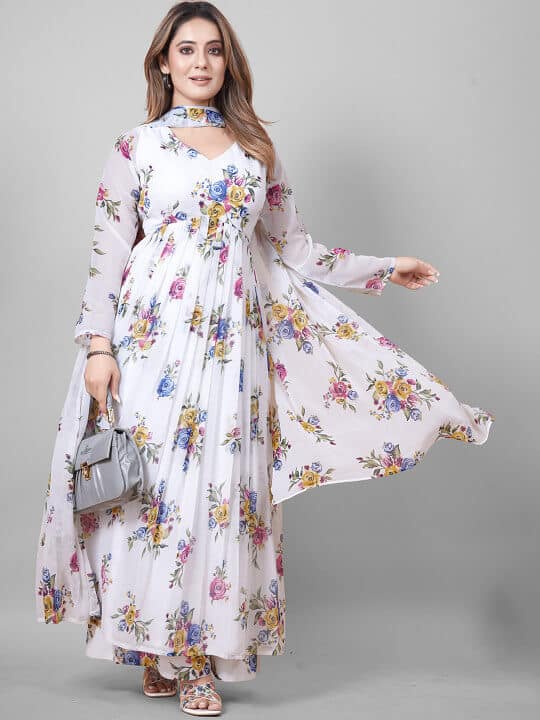 Floral Printed V-Neck Empire Anarkali Kurta & Palazzo With Dupatta by Chansi
