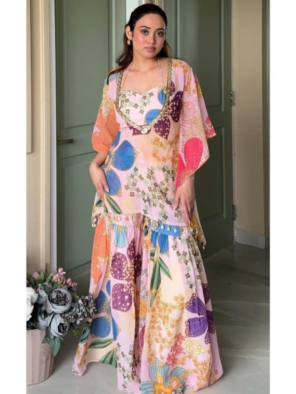 Pink Floral Printed Crop Top with Kaftan & Sharara by Label Kanupriya