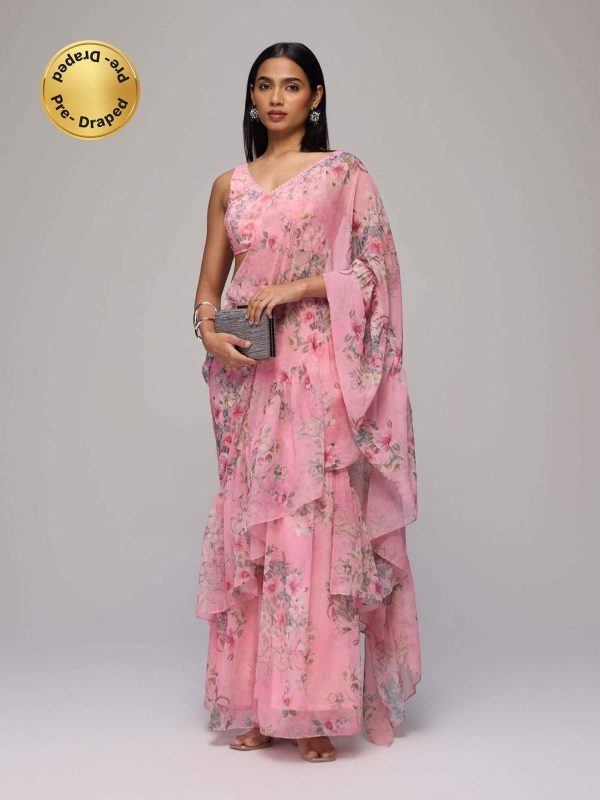 Pink Georgette Floral Printed Pre Draped Saree With Stitched Blouse Blushed Affair by Gajra Gang