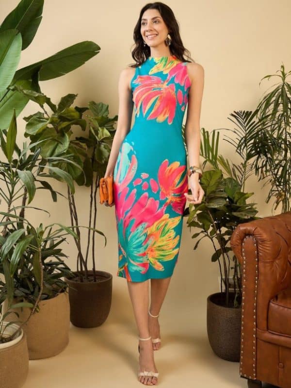 Sleeveless High Neck Bodycon Midi Dress In Mint Blue Floral Print by Mabish By Sonal Jain