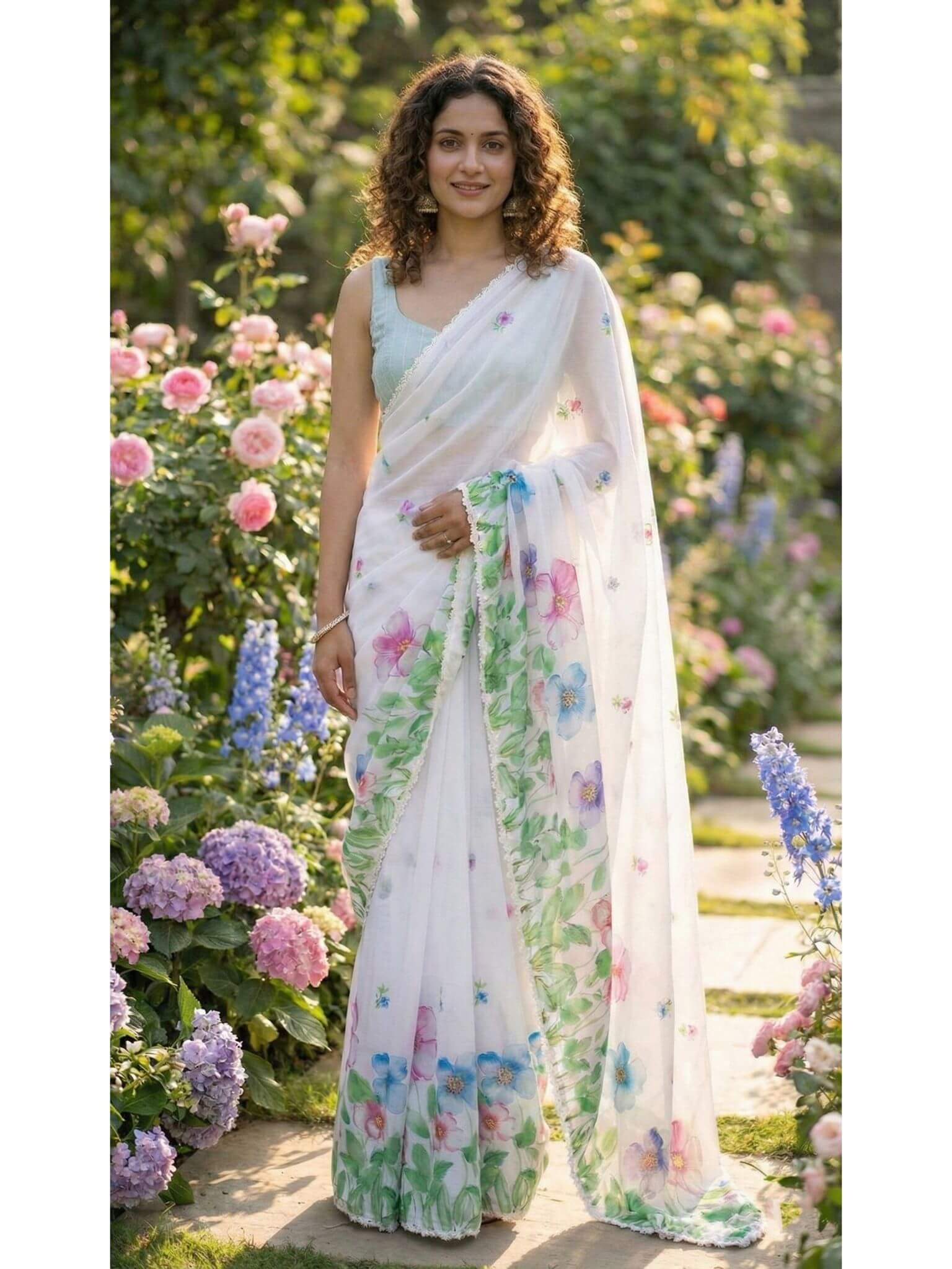 White Linen Silk Printed Saree with Unstitched Blouse by Amrutkala Sarees